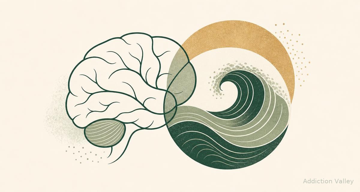 Illustration of a brain and wave shape showing the link between addiction and anxiety