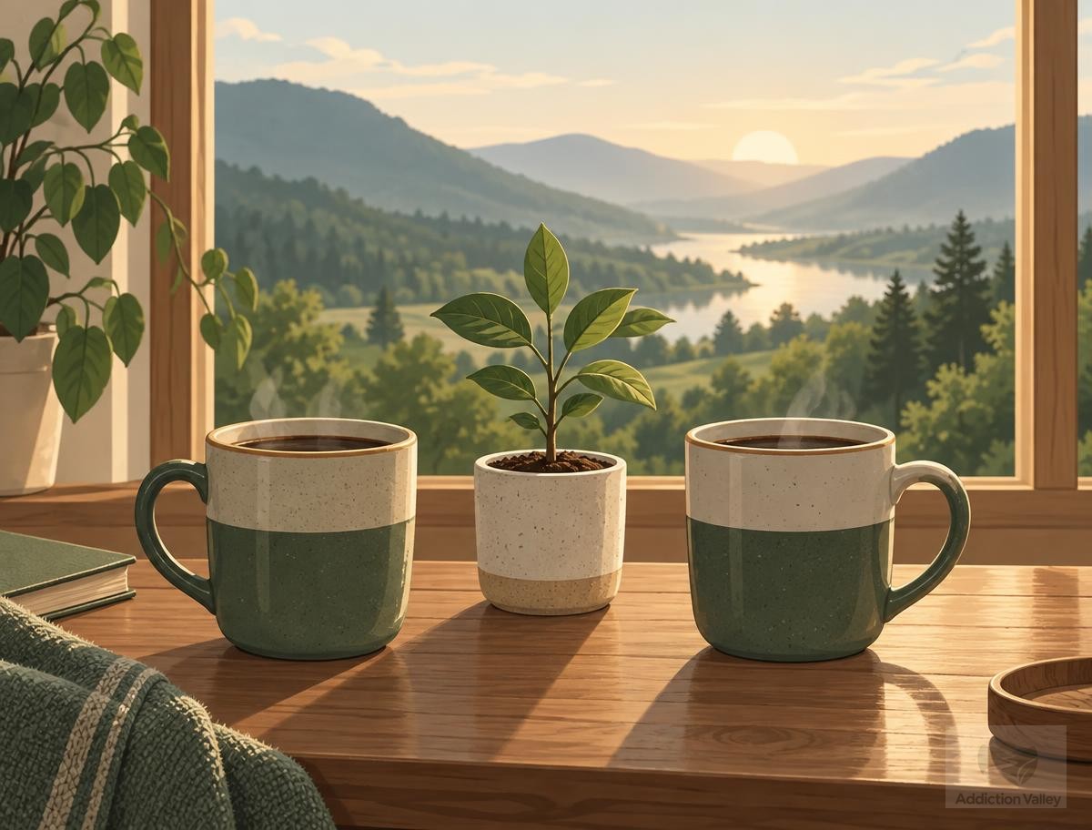 Illustration of two coffee mugs and a young sapling on a table overlooking a green valley, symbolizing rebuilding trust in relationships during addiction recovery