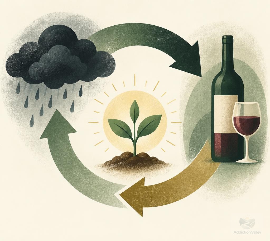 Addiction Valley illustration of a circular loop between a rain cloud and a wine bottle with a seedling growing at the center, symbolizing the alcohol and depression cycle