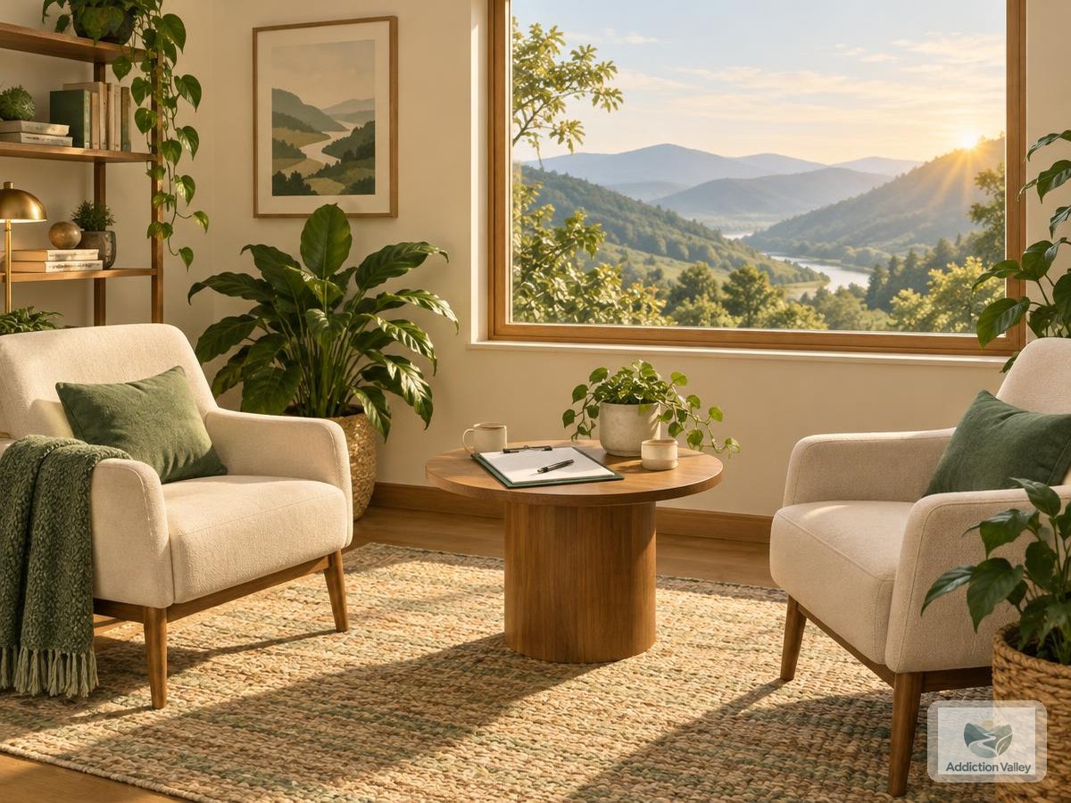 Illustration of a quiet consultation room with two armchairs, a clipboard on a round table, and a window over a green valley, symbolizing care for alcohol-induced psychosis