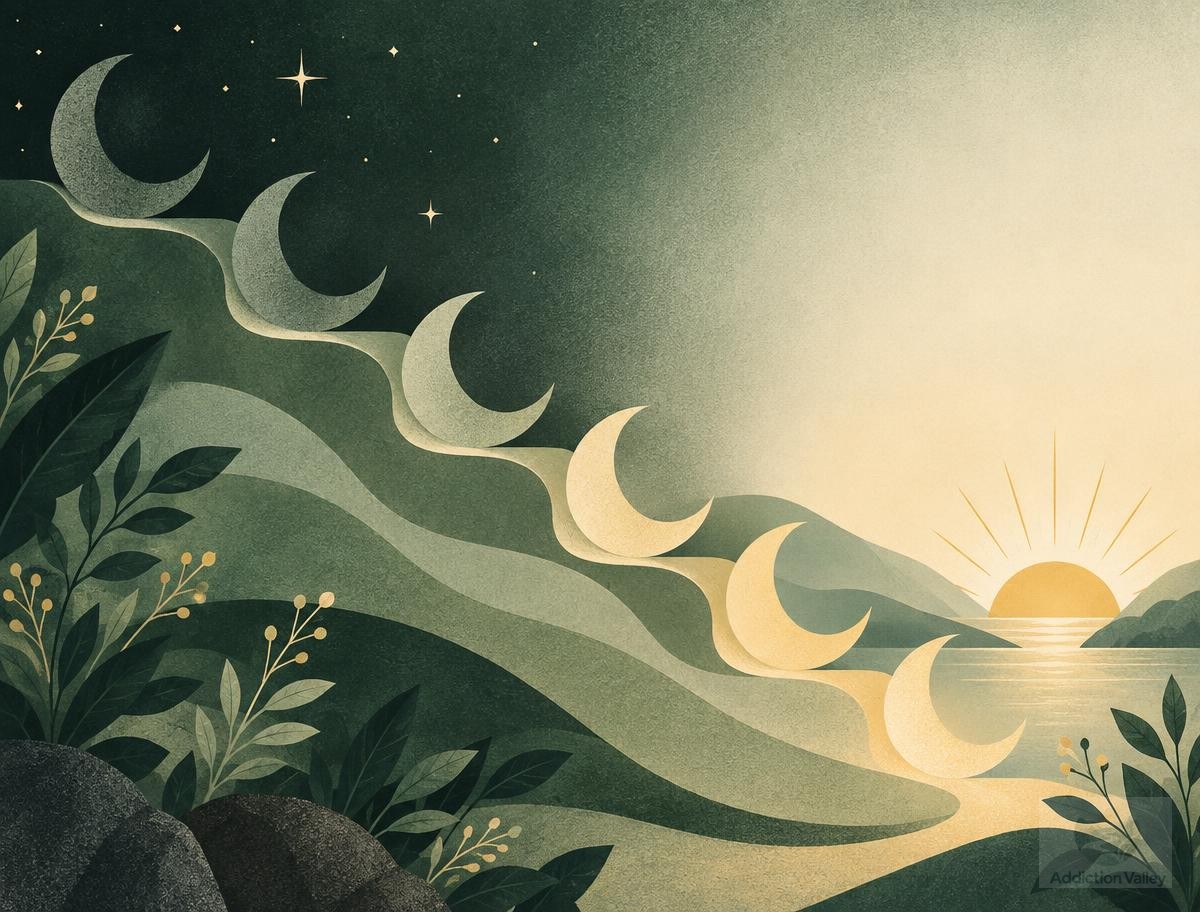 Illustration of crescent moons descending like steps toward a sunrise, symbolizing a gradual Ambien taper and returning natural sleep