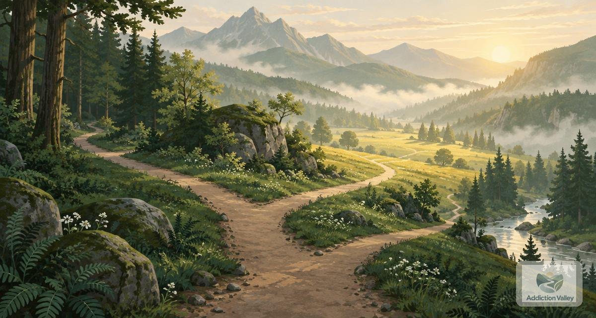 Illustration of a valley trail splitting into several branching paths toward a sunlit meadow, representing cross addiction and choosing a path in recovery