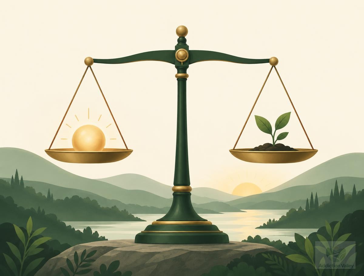 Illustration of balance scales leveling out with a glowing orb on one side and a sprouting seedling on the other, symbolizing the reward system rebalancing in recovery
