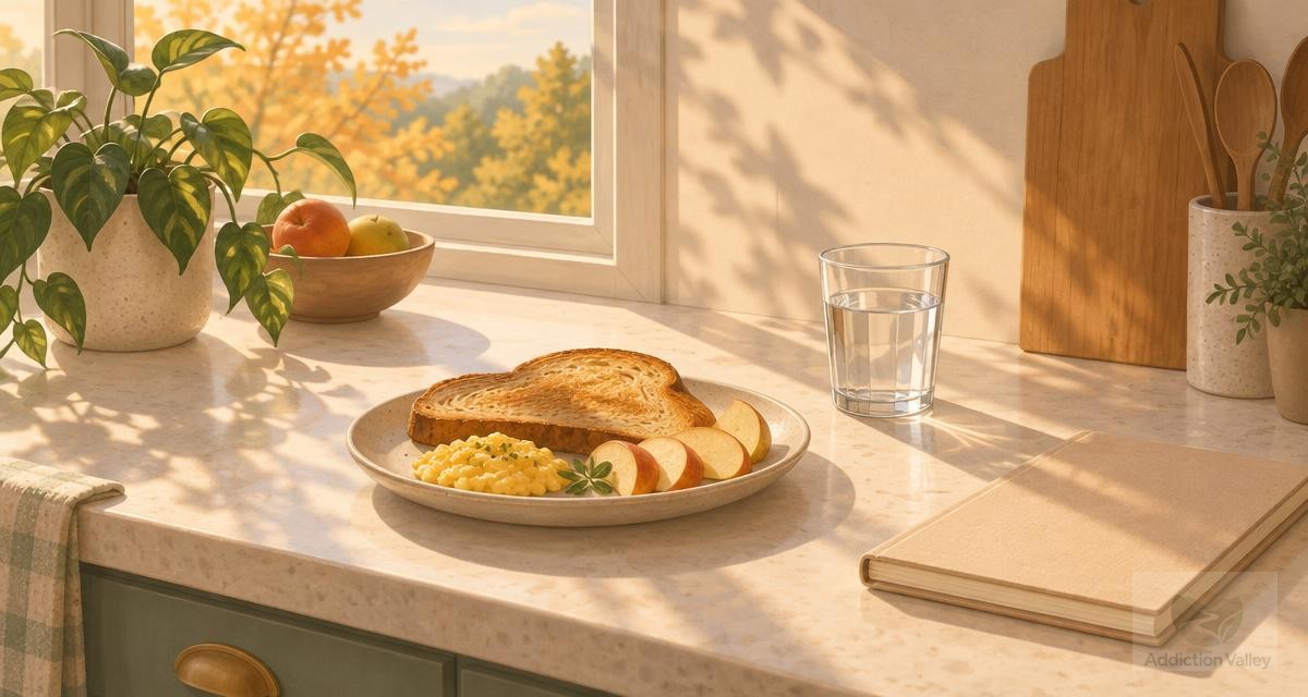 Illustration of a warm kitchen counter in soft morning light with a simple plate of toast, scrambled eggs, and sliced fruit, a glass of water, a closed notebook, and a small plant