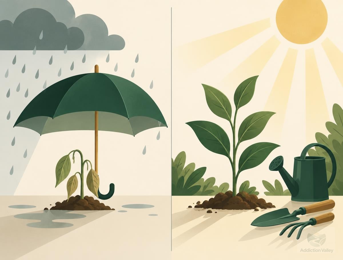 Split illustration comparing an umbrella sheltering a wilting plant from rain with a healthy plant growing in sunlight beside a watering can, symbolizing the difference between enabling and genuine help