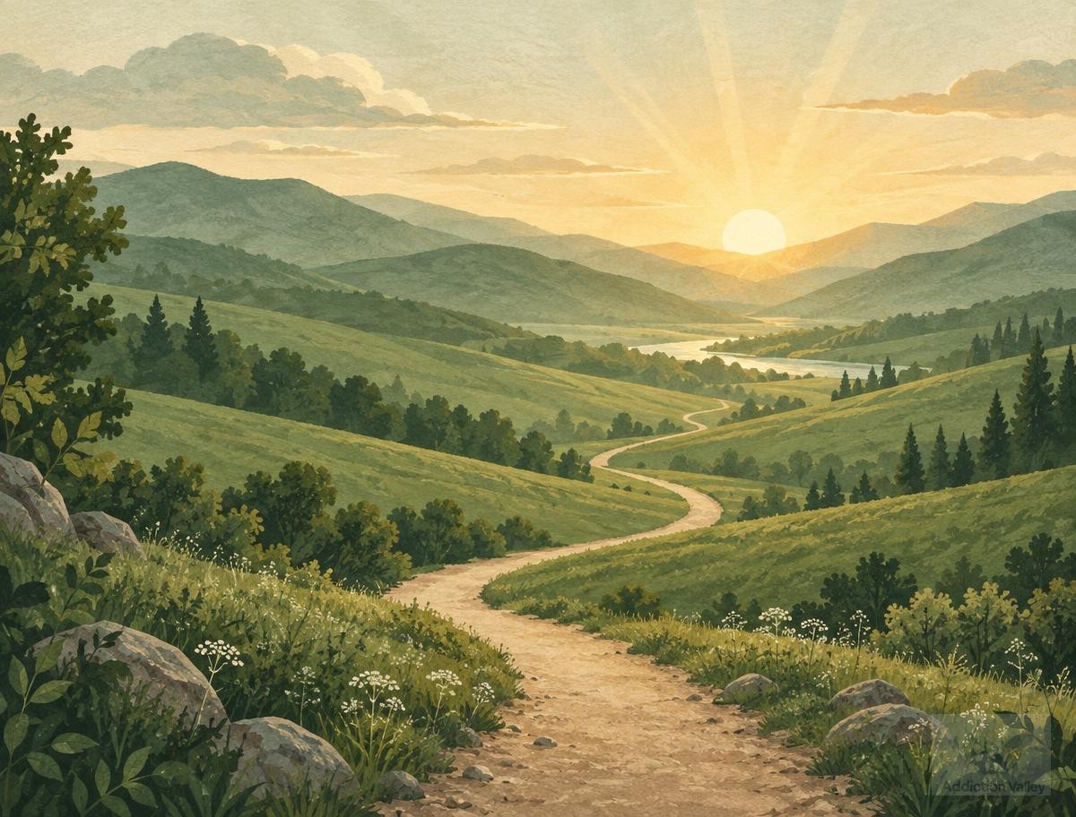 Addiction Valley illustration of a sunrise over a green valley with a winding trail leading toward the light