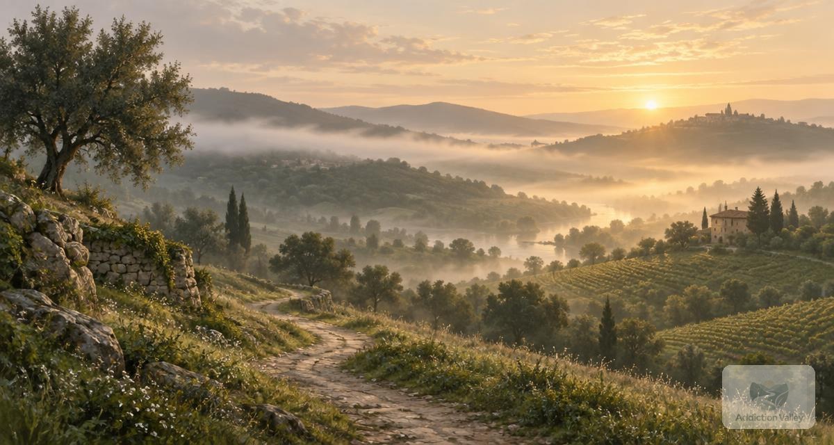 Illustration of a misty valley at dawn with a path leading from gray fog toward warm golden light, representing gray area drinking and finding clarity