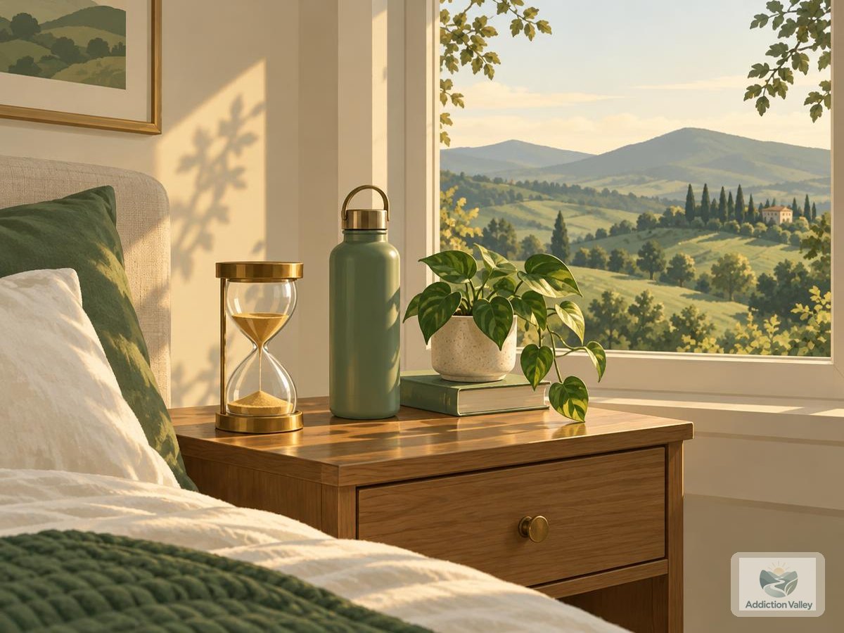 Illustration of an hourglass, water bottle and small plant on a sunlit bedside table, symbolizing the time the body needs to process alcohol