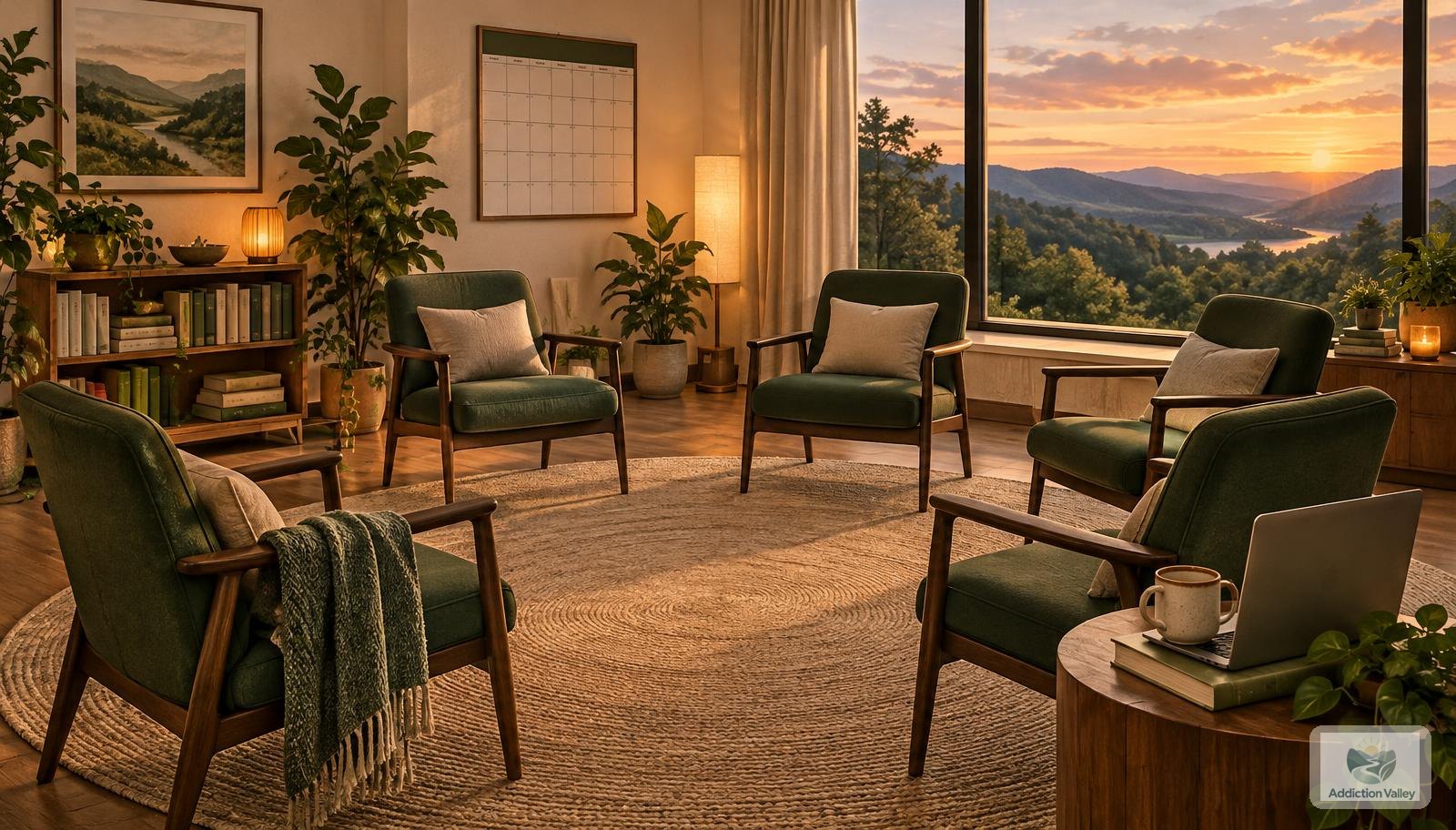 Illustration of a calm group therapy room with a circle of green armchairs, a wall calendar and a laptop beside a window over a valley at dusk, representing an intensive outpatient program