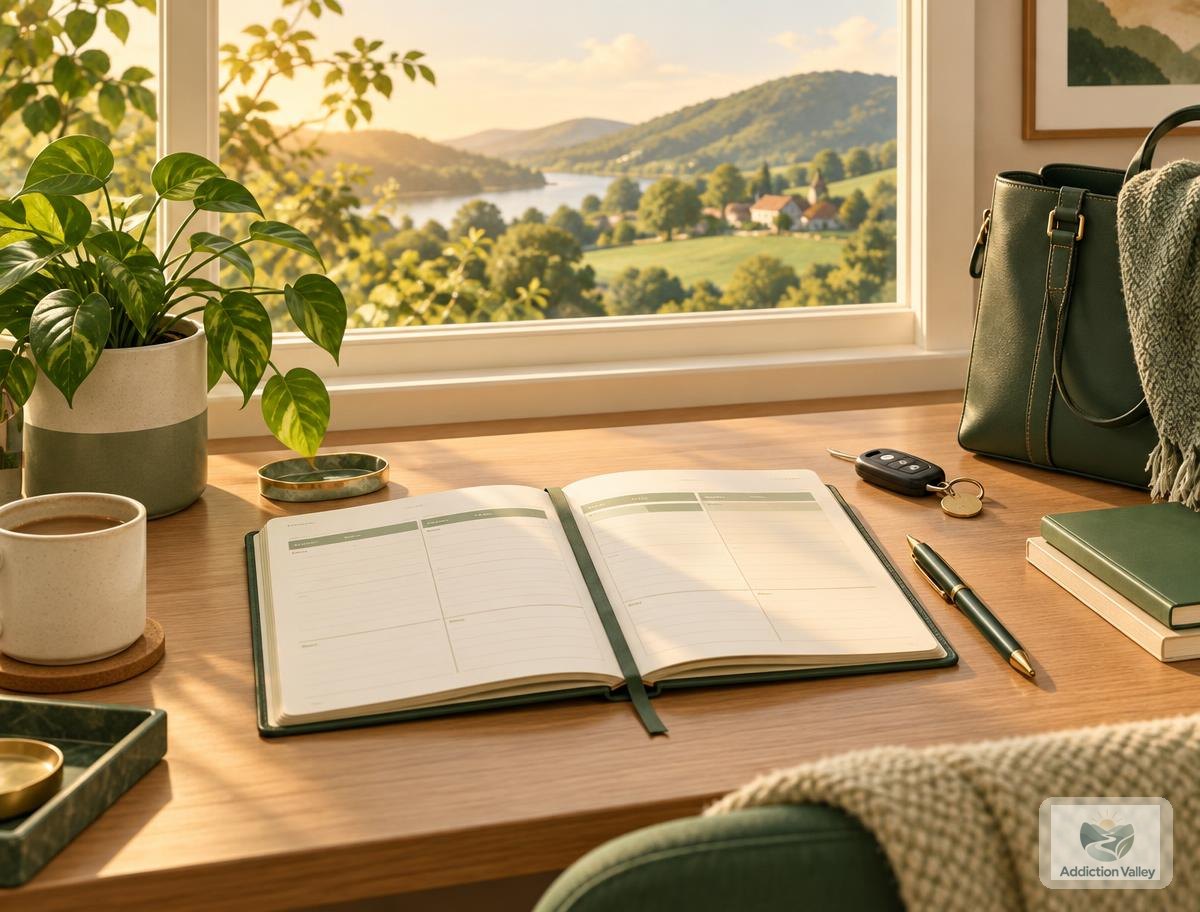 Illustration of a sunlit desk with an open weekly planner, pen, car keys and work bag by a window over green hills, symbolizing fitting IOP treatment around daily life