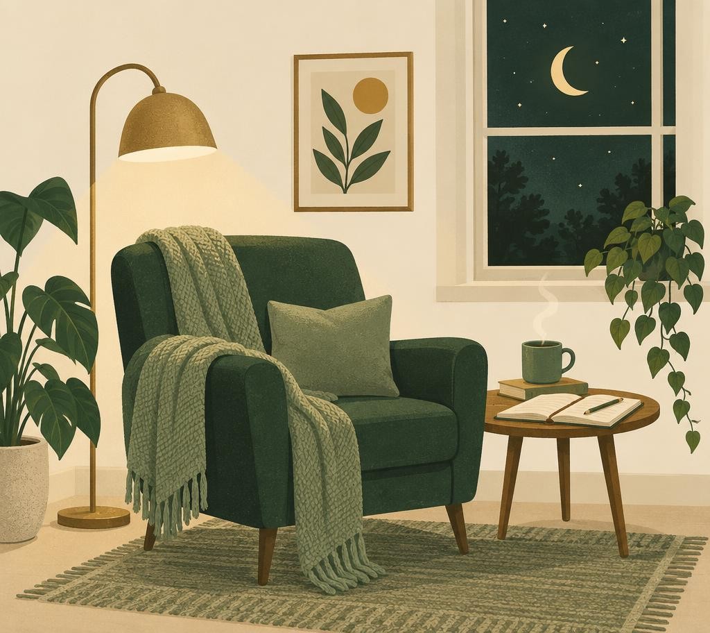 Addiction Valley illustration of a comfortable chair, warm lamp, tea and a journal beside a night window, showing evening coping routines during marijuana withdrawal