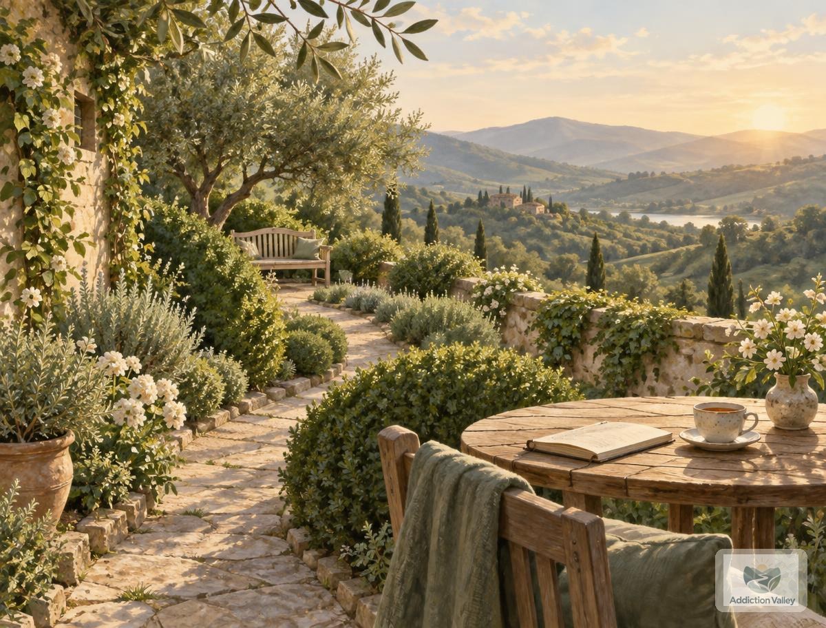 Illustration of a sunlit garden path leading to a bench, with a notebook and a cup of tea on a table, symbolizing steady recovery support after meth withdrawal