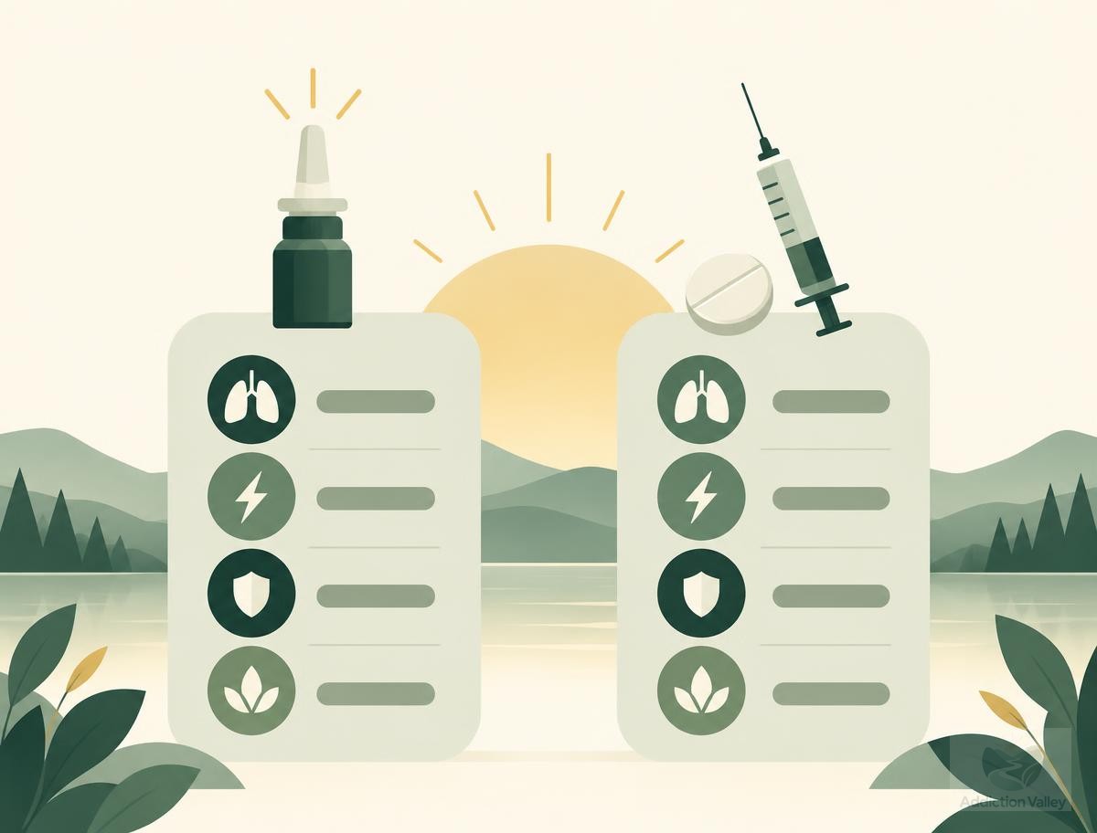 Addiction Valley illustration of two comparison columns showing emergency overdose reversal beside ongoing relapse prevention medication