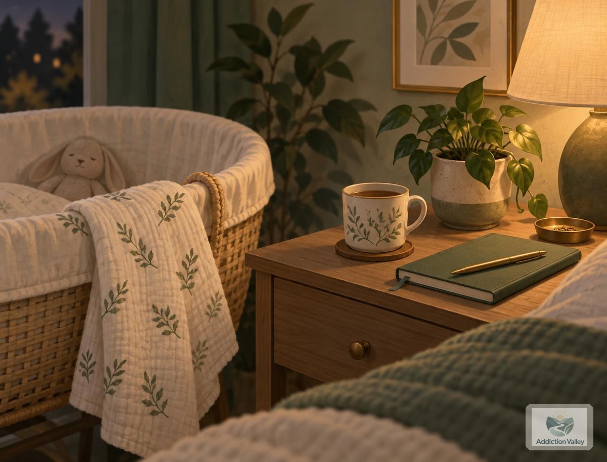Illustration of a calm evening bedside with a bassinet, warm tea, a plant and a notebook, symbolizing parents supporting a newborn through neonatal abstinence syndrome