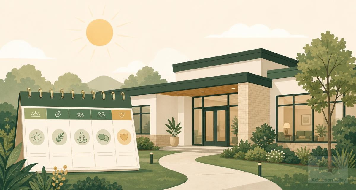 Addiction Valley illustration of a welcoming day treatment clinic with a weekly schedule calendar, representing a partial hospitalization program