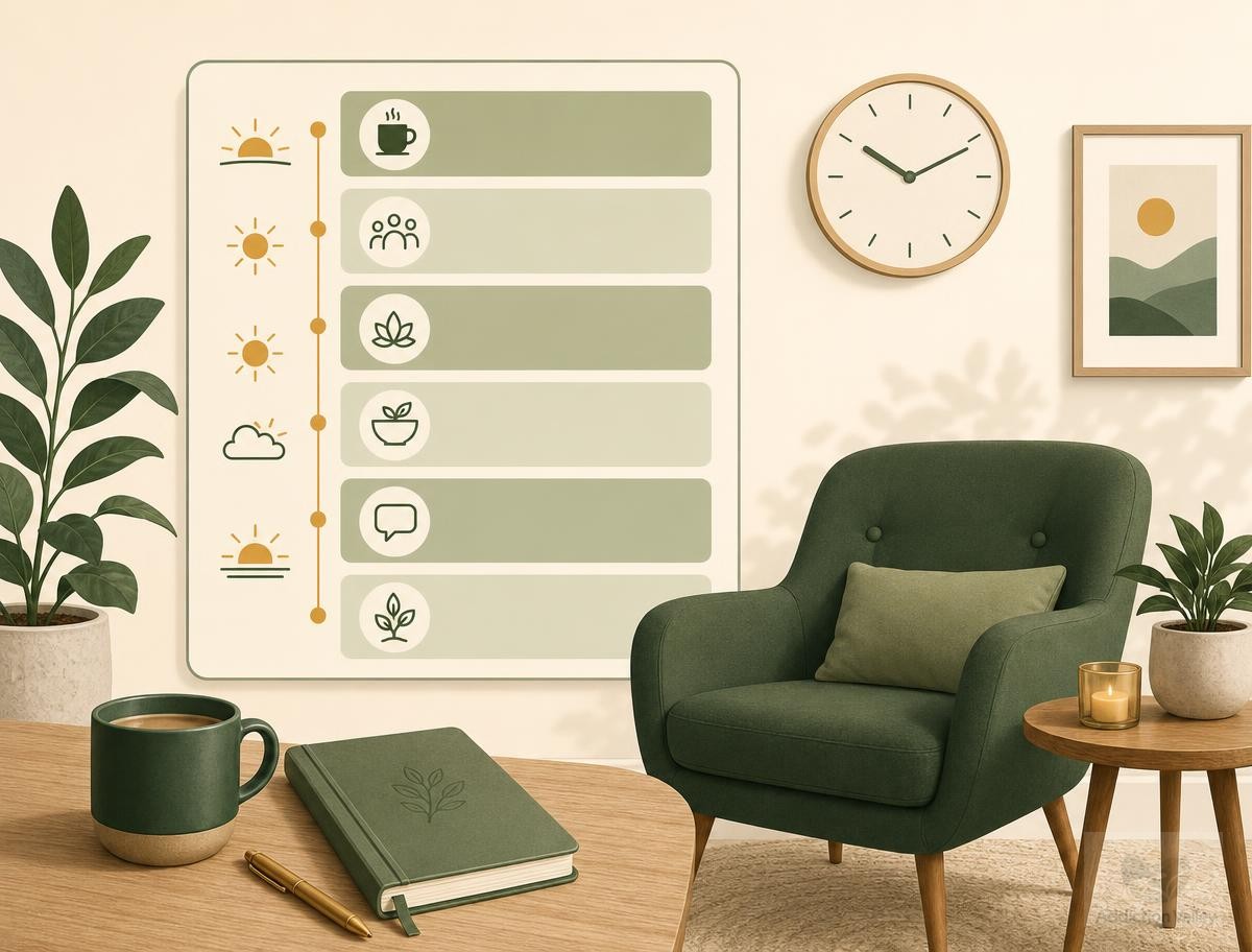 Addiction Valley illustration of a daily treatment schedule board with a clock, journal and therapy chair, showing a typical day in a partial hospitalization program