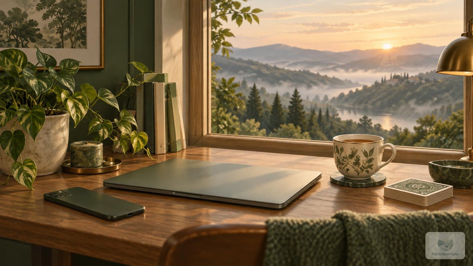 Illustration of a quiet desk at dawn with a phone face down, a closed laptop and playing cards set aside by a window over a misty green valley, representing stepping back from process addiction