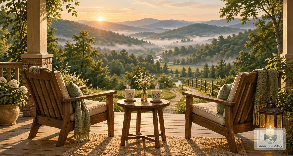 Illustration of two wooden chairs facing each other on a sunlit porch with two mugs of tea, overlooking a misty green valley, representing the support of a recovery coach
