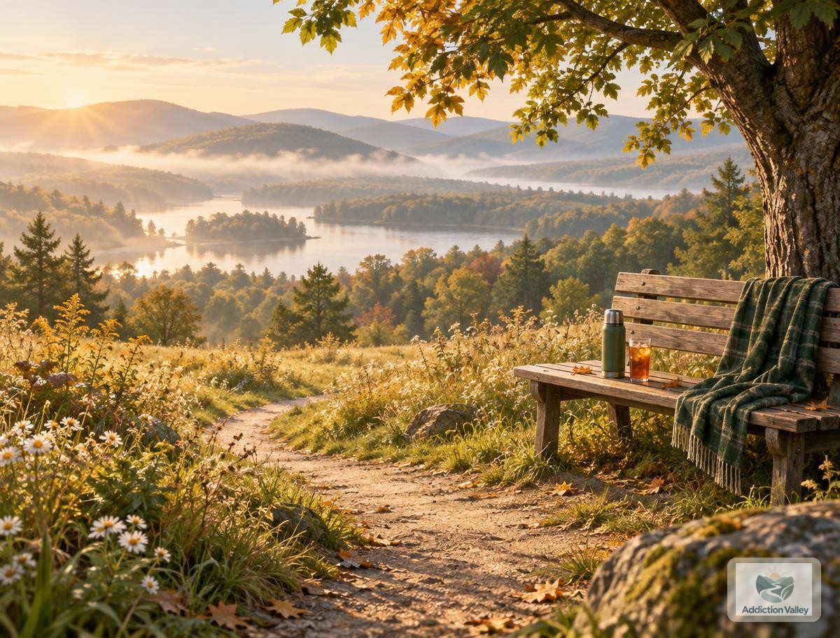 Illustration of a trail through an autumn meadow leading to a wooden bench with a thermos and iced tea, symbolizing exploring life with less alcohol