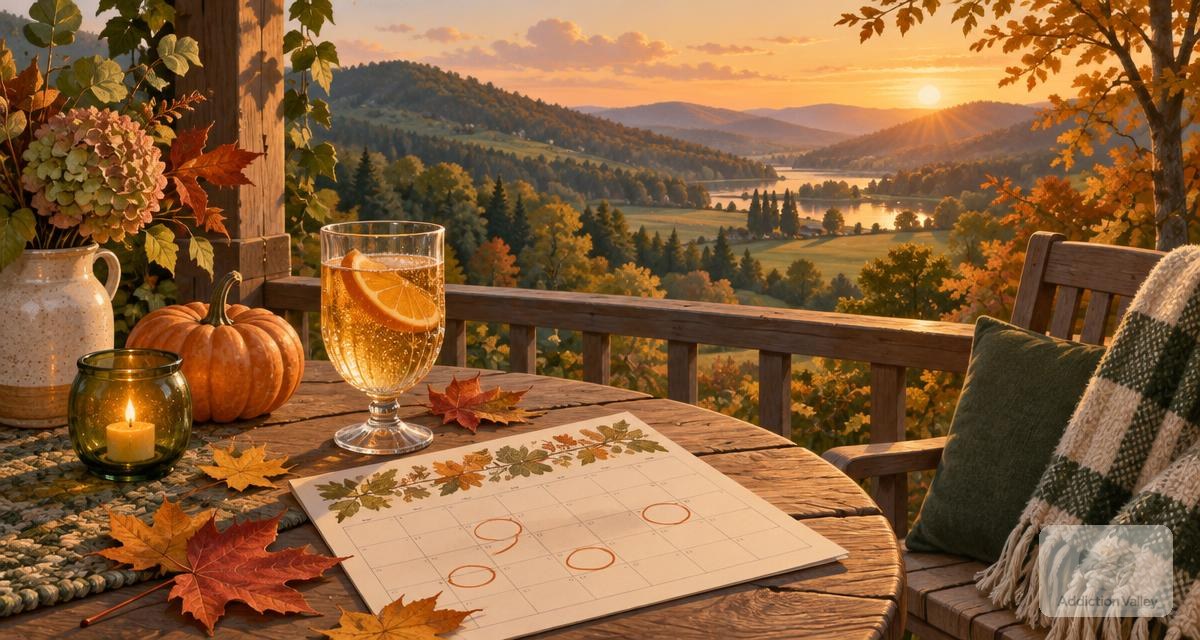 Illustration of an autumn porch table with sparkling cider, a pumpkin, maple leaves, and an October calendar overlooking a valley at sunset, representing Sober October