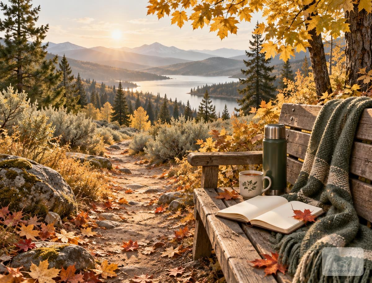 Illustration of an autumn trail leading to a wooden bench with a thermos, herbal tea, and an open journal, symbolizing a month off drinking