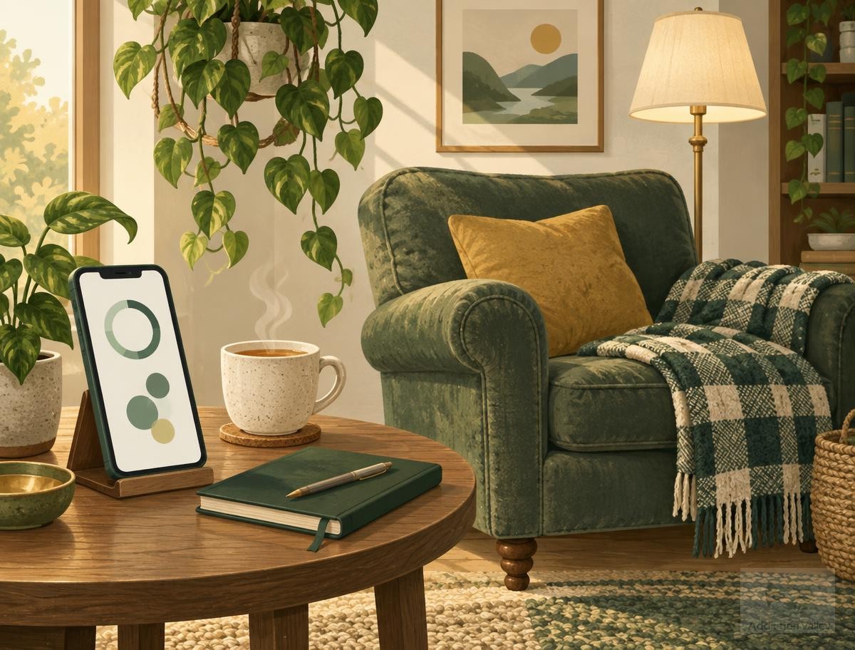 Illustration of a smartphone showing a progress ring beside a cozy armchair, blanket, tea, and journal, representing virtual recovery support at home
