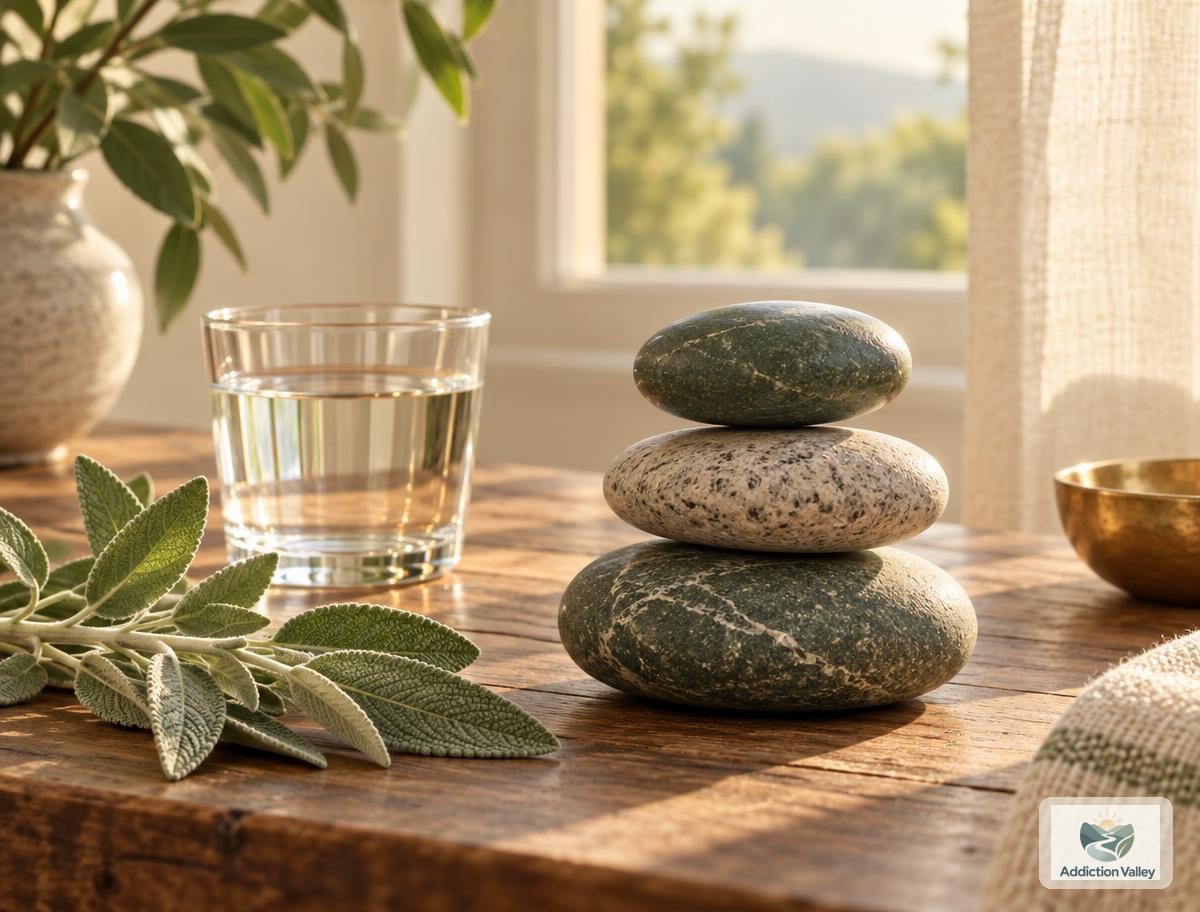 Illustration of three river stones balanced beside a glass of water and a sprig of sage, symbolizing the body adjusting and finding balance