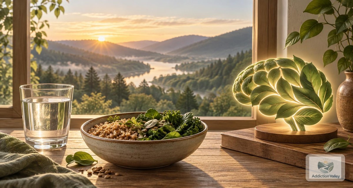 Illustration of a glass of water, a bowl of whole grains and greens, and a glowing leaf-shaped brain by a window over a valley at dawn, representing wet brain and thiamine