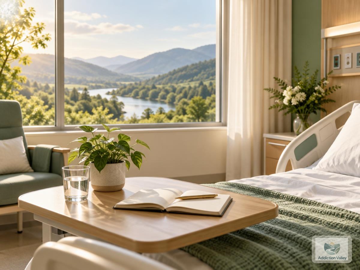 Illustration of a calm recovery room with a bedside table, water glass, plant, and open notebook overlooking a green valley, symbolizing care for Wernicke-Korsakoff syndrome