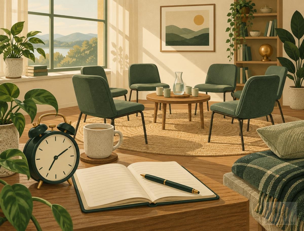 Illustration of a circle of chairs around a small table beside an alarm clock, open journal, and cozy blanket, representing a structured day in rehab