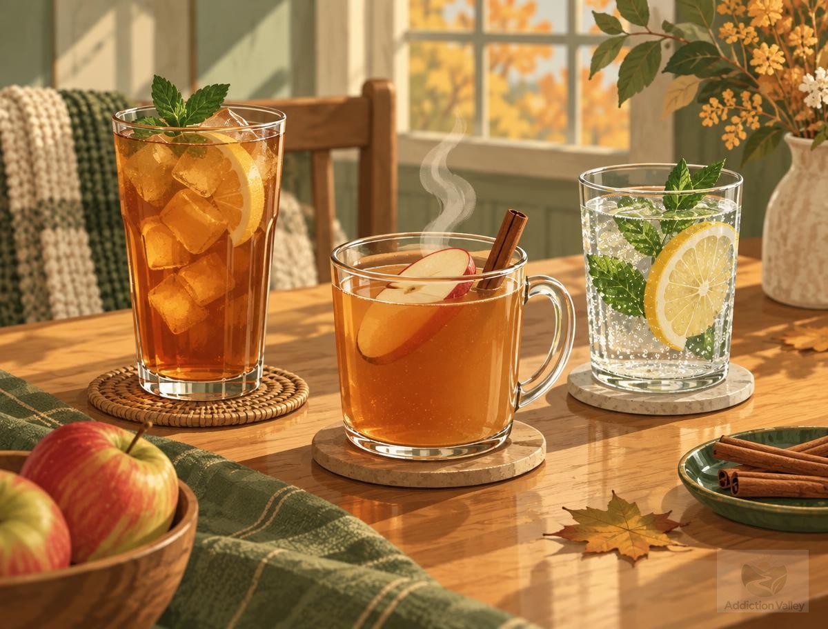 Illustration of a cozy table in fall light with a glass of iced tea, a mug of hot apple cider, and a glass of club soda with lemon and mint, representing alcohol-free drink options