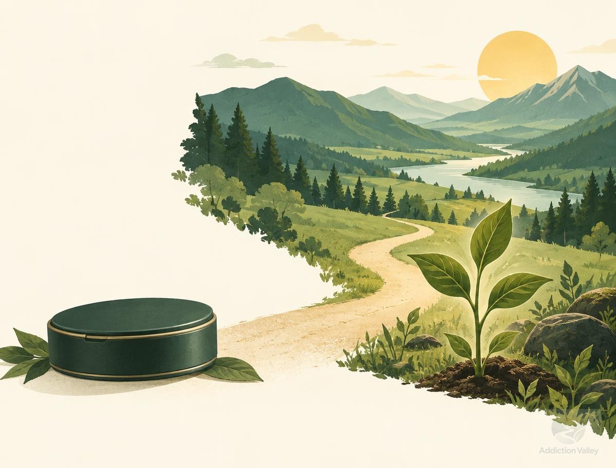 Illustration of a closed nicotine pouch tin left behind as a path winds toward a green valley and a young sapling, symbolizing quitting nicotine pouches