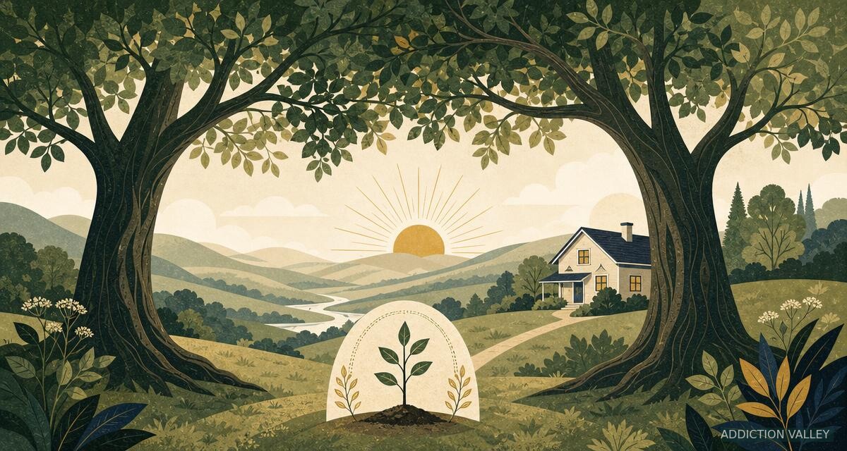 Addiction Valley illustration of a young sapling protected by strong trees near a safe home