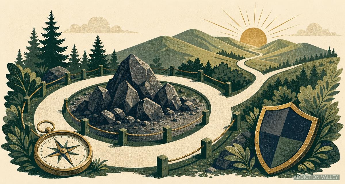 Addiction Valley illustration of a protected recovery path around hazards, representing relapse prevention