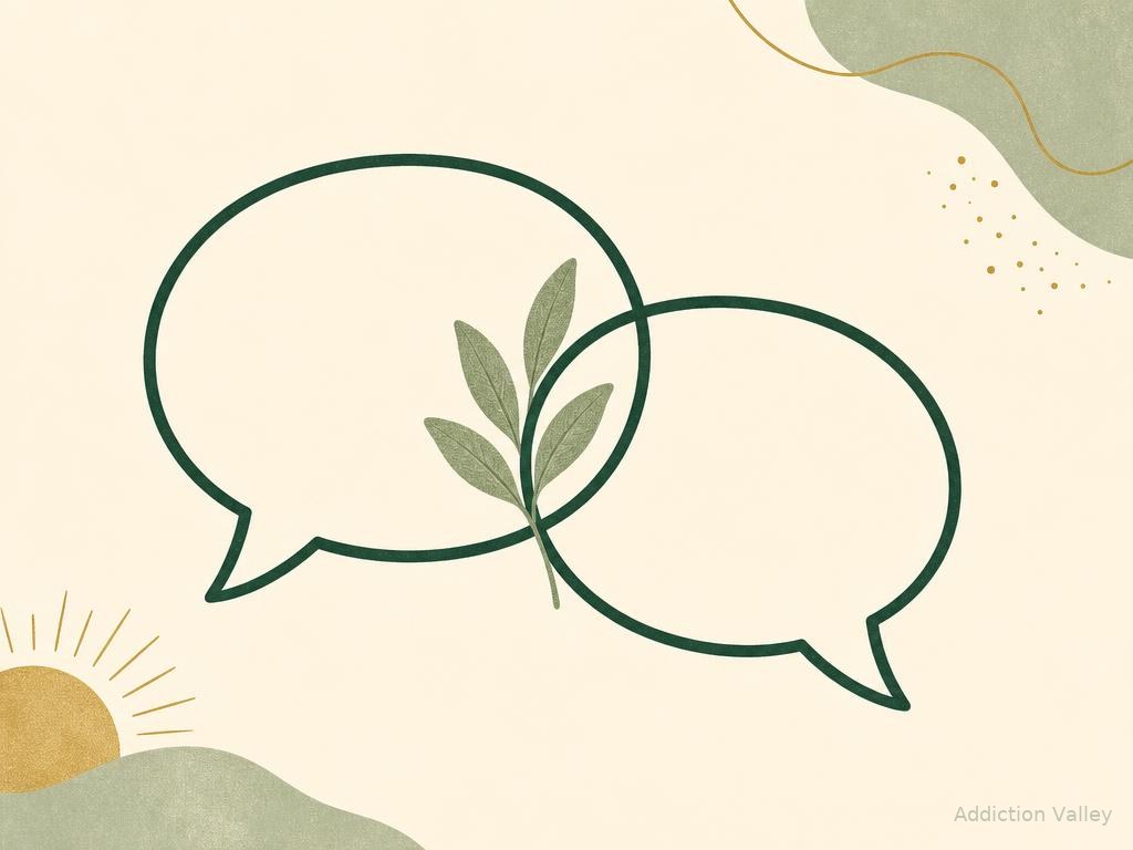 Illustration of two speech bubbles with a leaf, representing a calm conversation about addiction