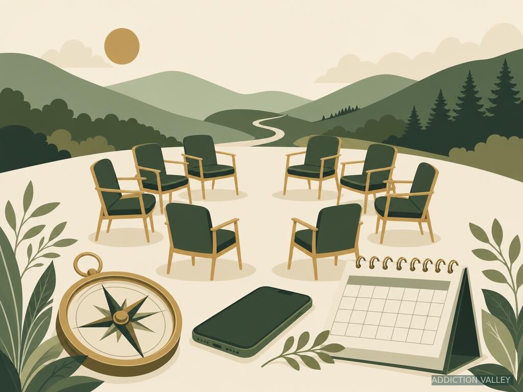 Addiction Valley illustration of a compass, phone, calendar and circle of chairs for intervention planning
