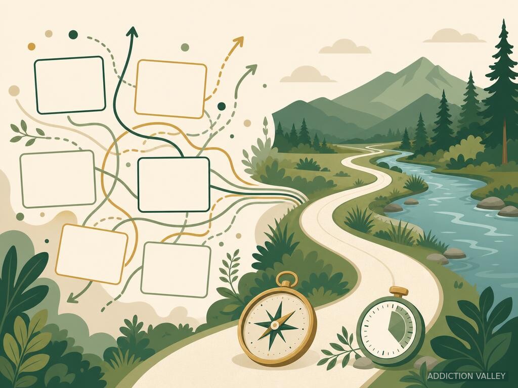 Addiction Valley illustration of blank planning cards, timers and a compass organizing into a clear path