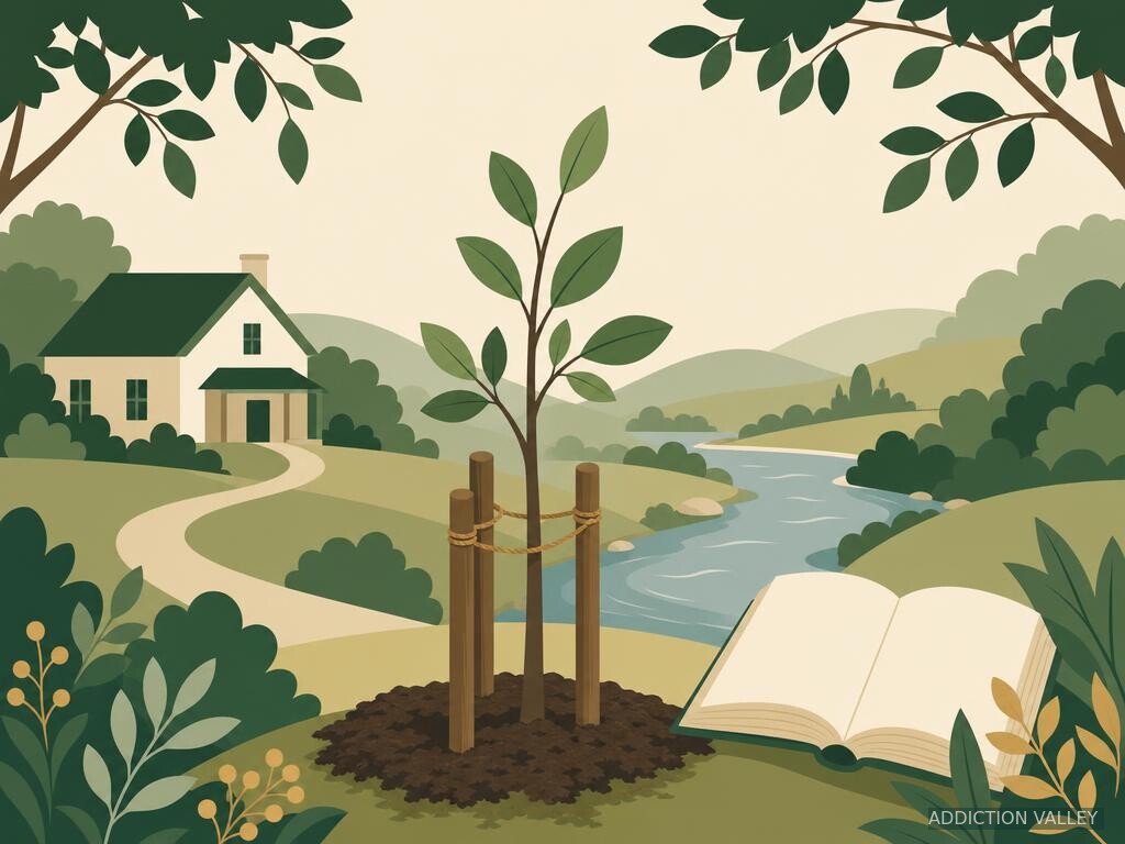 Addiction Valley illustration of a supported sapling, safe home and open school book