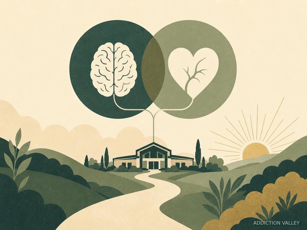 Addiction Valley illustration of brain and heart symbols connected to one integrated care center