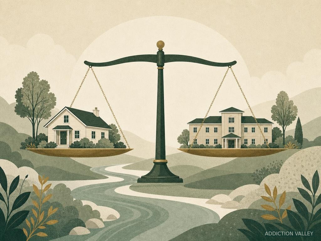 Addiction Valley illustration of tiered addiction treatment levels from outpatient to residential care