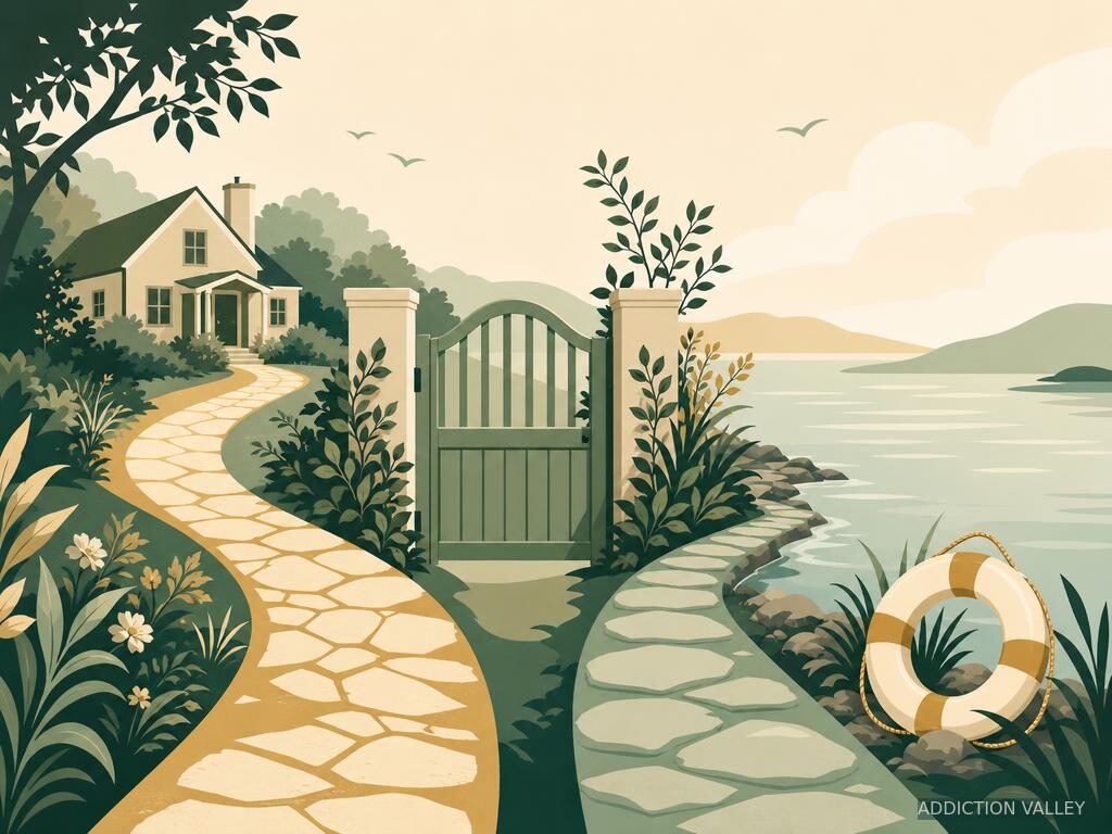 Addiction Valley illustration of a home, garden gate and life ring representing compassionate boundaries