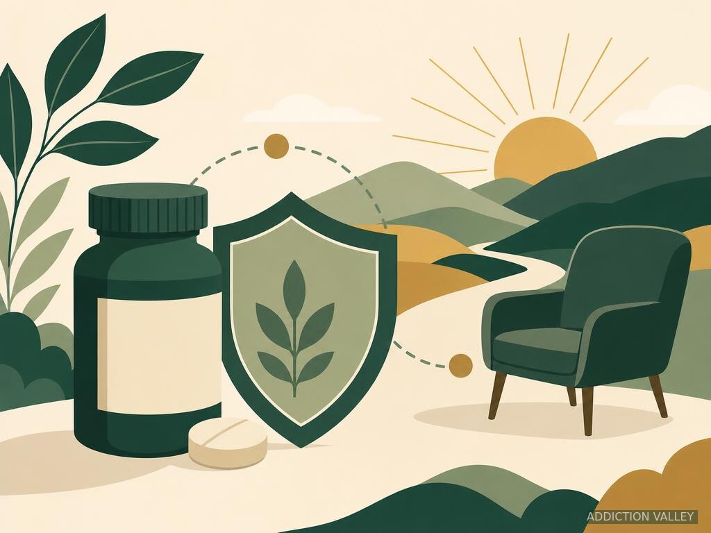 Addiction Valley illustration connecting addiction medication, counseling and a protected recovery path