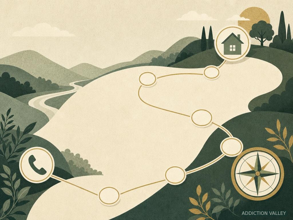 Addiction Valley illustration of a recovery planning toolkit with calendar, compass and support symbols