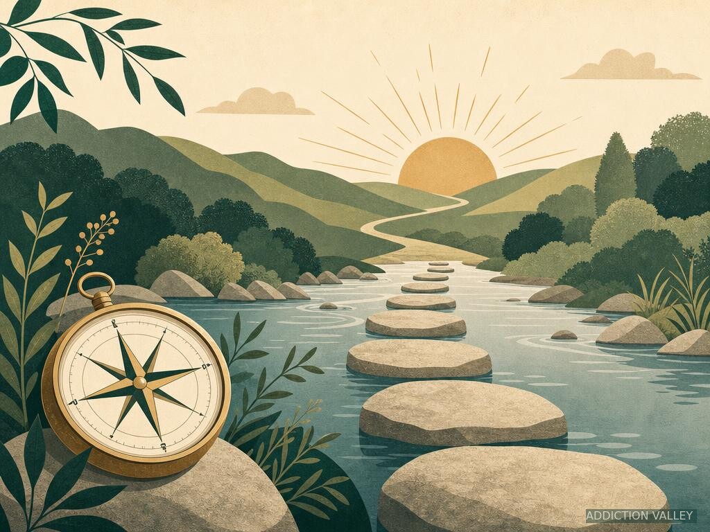 Addiction Valley illustration of recovery milestones and growing plants along a structured path