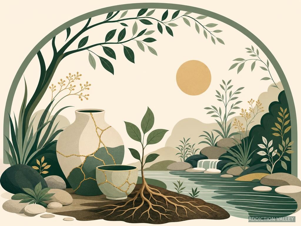 Addiction Valley illustration of a sheltered healing garden with repaired pottery and new growth