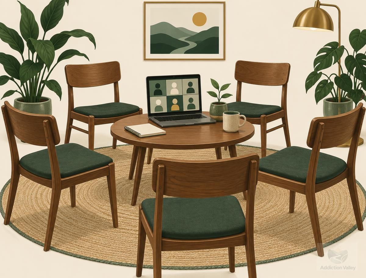 Addiction Valley illustration of a circle of chairs around a table with a laptop showing an online meeting, representing secular and non-12-step recovery support groups