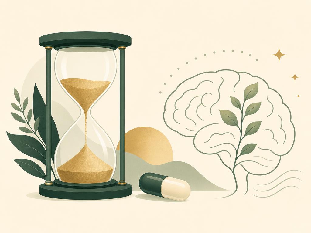 Addiction Valley illustration of an hourglass, capsule and calm brain outline, representing stimulant tolerance and recovery