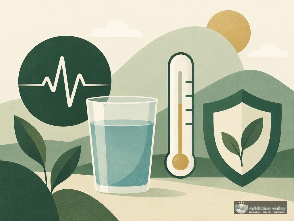 Addiction Valley illustration of a heartbeat line, water glass, thermometer and shield, representing safe alcohol withdrawal monitoring