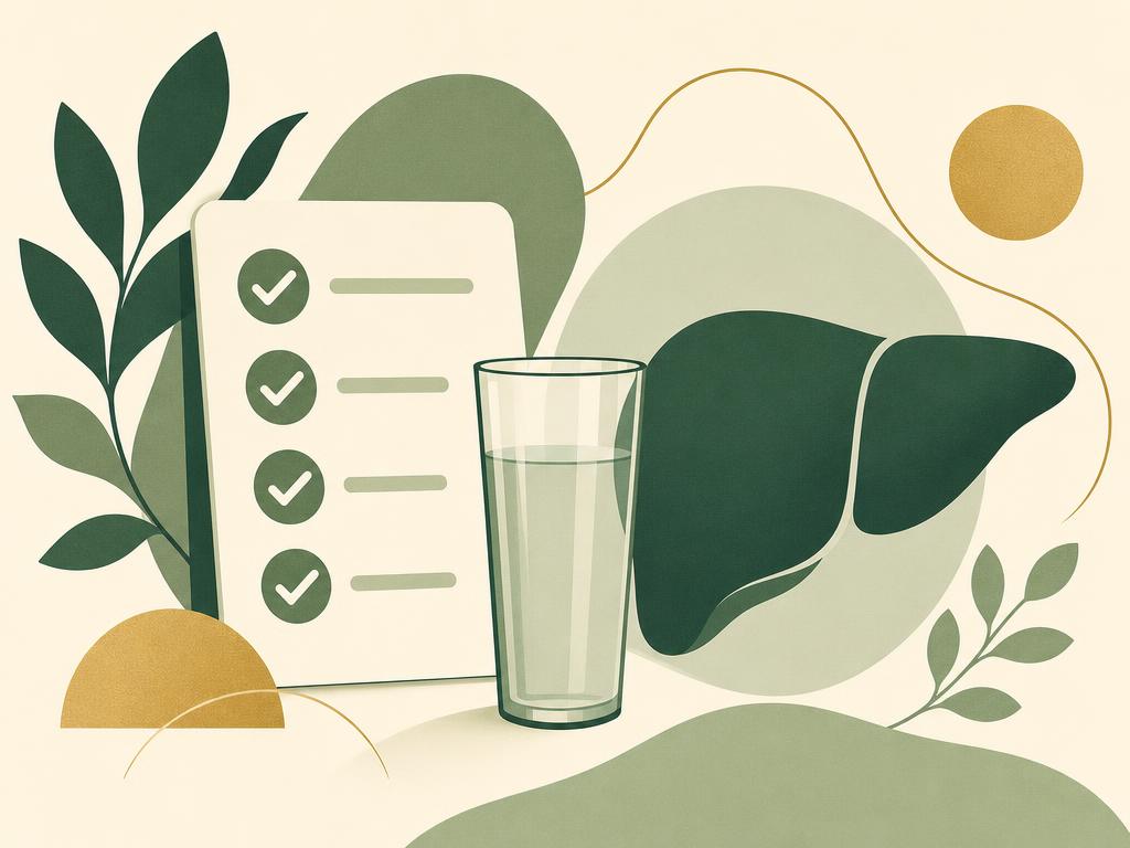 Addiction Valley illustration of a checklist, glass and liver shape, representing physical and behavioral alcohol symptoms