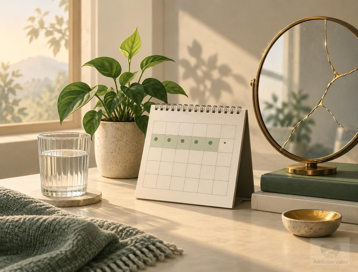 Addiction Valley illustration of a calendar, water, a plant and a mirror repaired with gold seams, representing cocaine withdrawal recovery and healing